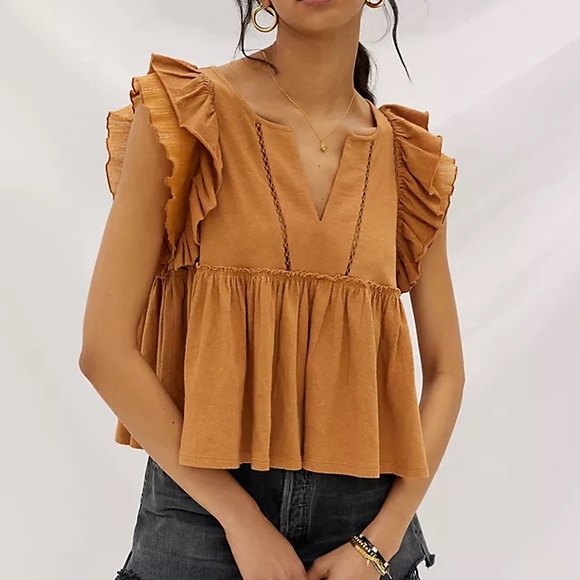 Anthropologie Tops - by Anthropologie Caroline Ruffled Babydoll Top in Orange/Beige